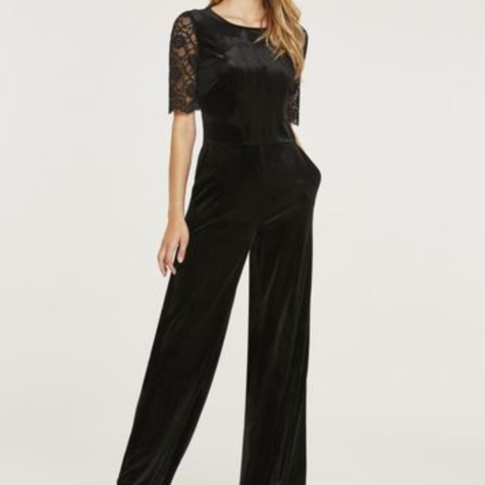Long Tall Sally Black Velvet and Lace Jumpsuit UK 12 / US 8